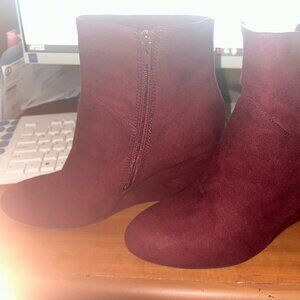 Burgundy boots; Christian Siriano brand
